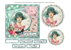 6 x 6 Card Front Shabby Chic Lady in Sunhat with Toppers and Sentiments, Aqua/Pink 