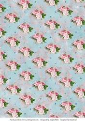A4 Paper Shabby Chic Pink and White Roses and Swirls on a Sky Blue Background