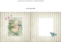 6 x 6 Card Insert Shabby Chic Yellow Roses on Sepia Striped Background