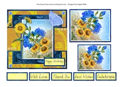 6 x 6 Card Front Sunflowers and Butterflies Yellow/Blue with Toppers and Sentiments