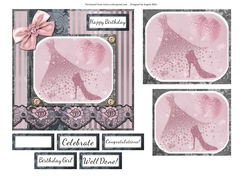 6 x 6 Card Front Pink Diamante Dress and Shoes Pink/Silver with Toppers and Sentiments