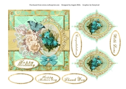 6 x 6 Card Front Teal Rose Bouquet with Toppers and Sentiments, Mint/Gold