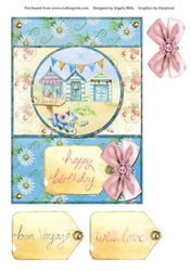 A5 Summer Seaside Card with Decoupage Bow and Sentiment Tags, Blue/Yellow