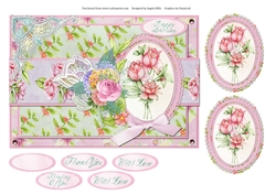 A5 Rose Bouquet Card Front with Toppers and Sentiments, Pink/Green