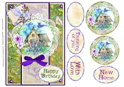 A5 Card Front Woodland Cottage with Toppers and Sentiments Green/Lilac