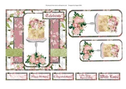 6 x 6 Card Front Shabby Chic Celebration Cake with Toppers and Sentiment Toppers Pink/White