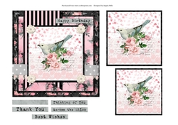6 x 6 Card Front Dove/Floral with Toppers and Sentiment Toppers Pink/Black/Grey