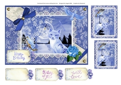 A5 Card Front Nighttime by the Lake Fox/Birds with Toppers and Sentiment Tags