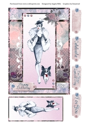 A5 Card Front Chic Lady/Papillon Dog with Topper and Sentiment Toppers