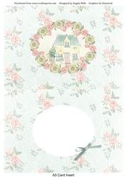 A5 Card Insert Floral Wreath/Cottage on Floral Background, Blank