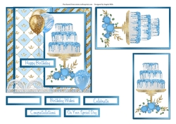 6 x 6 Card Front Blue/White Cake/Balloons with Toppers and Sentiments Blue/Gold