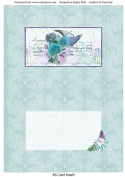 A5 Card Insert Turquoise/Lilac Bird Ephemera on Aqua Background, Blank