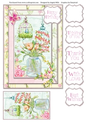 A5 Card Front Floral Vase/Birdcages with Topper and Sentiments Pink/Aqua