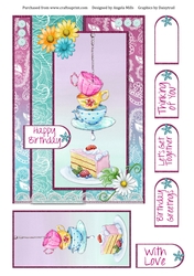 A5 Card Front Teacups/Cake with Topper and Sentiment Tags, Violet/Turquoise.Pink