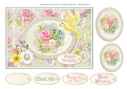 A5 Card Front Floral/Bird/Lace with Toppers and Sentiments, Pink/Green