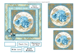 6 x 6 Card Front Blue/Gold Roses with Toppers and Sentiments