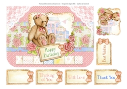 A5 Card Front Teddy Bear with Topper and Sentiment Tags, Pink/Lace Background
