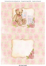 A5 Card Insert Teddy Bear on Pink Floral Background, Blank