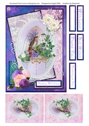 A5 Card Front Birdcage with Toppers and Sentiments. Lilac/Pink/Purple