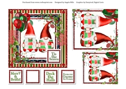 6 x 6 Card Front Cute Christmas Gnomes, Red/Green with Toppers and Sentiments