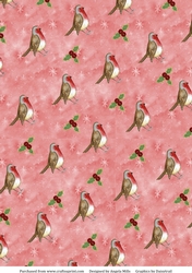 A4 Christmas Paper Robins and Holly on Starry Red Background