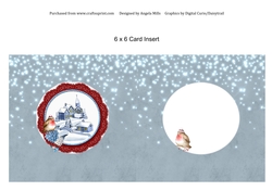 6 x 6 Christmas Card Insert, Snowy Village on Blue/Grey Falling Snow Background, Blank