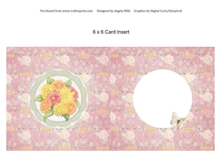 6 x 6 Card Insert Floral Bouquet/Circular Lace Frame on Pink Floral Background, Blank