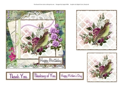 6 x 6 Card Front Crowned Bird/Floral Lace with Toppers and Sentiment Toppers, Green/Lilac