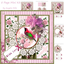8 x 8 Decoupage Card Mini Kit Shabby Chic Roses Bird & Lace 5 Sheets Pink