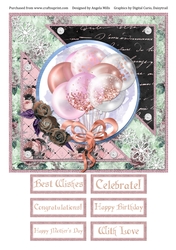 8 x 8 Card Front Glitter Balloons with Sentiment Toppers, Rose Gold/Pink/Green