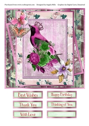 8 x 8 Card Front Vintage Magenta/Green Bird with Sentiments Lilac/Pink/Green