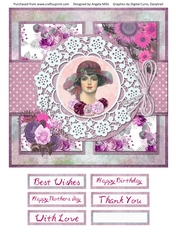 8 x 8 Card Front Shabby Summer Hat Lady with Sentiments, Pink/Violet/White