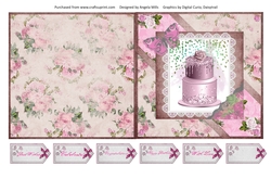 5 x 5 Cut and Fold Card Shabby Pink Cake/Roses with Sentiment Tags