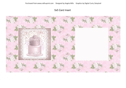 5 x 5 Card Insert Pink Cake on Shabby Pink/Ivory Floral Background, Blank