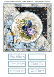 8 x 8 Card Front Shabby Lilac/Navy/Gold Floral Bouquet with Sentiments