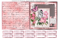 5 x 5 Quick Cut & Fold Card Butterfly/Pink Peonies with Sentiments Pink/BlackWhite