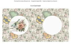 6 x 6 Card Insert Vintage Floral Bird on Shabby Floral/Butterflies Background Green/Yellow/Pink