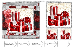 6 x 6 Red/White Gift Boxes with Toppers and Sentiments, Red/Black/Silver