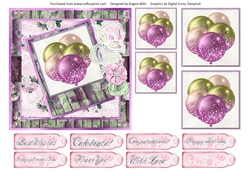 6 x 6 Card Front Shabby Violet/Green/Champagne Balloons with Toppers and Sentiments