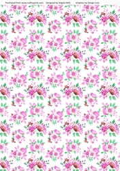 A4 Paper Fairy Garden 8 Pink/Green Watercolour Floral on White Background