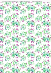 A4 Paper Fairy Garden 11 Aqua/Mint Green/Violet Watercolour Floral on White Background