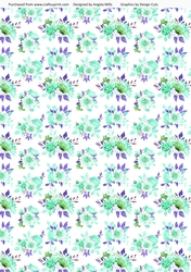 A4 Paper Fairy Garden 13 Aqua/Lilac Watercolour Flowers on White Background