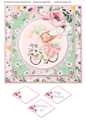 Spring Cuties 7 Floral Girl on Bicycle 8x8 Card Front with Sentiments, Pink/Green