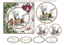 Christmas Scenes 6 Snowy Doe, Faun & Bullfinch 6 x 6 Card Front with Toppers and Sentiments