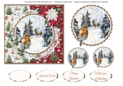 Christmas Scenes 9 Snowy Robin 6 x 6 Card Front with Toppers & Sentiments, Red/White