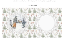 Christmas Scenes 9 Snowy Robin 6 x 6 Card Insert, Green/White Christmas Tree Background