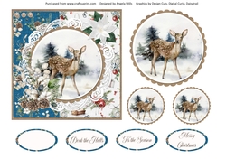 Christmas Scenes 12 Snowy Faun 6 x 6 Card Front with Toppers and Sentiments, Blue/White