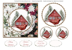 Christmas Scenes 15 Snowy Cottage & Red Cardinal 6 x 6 Card Front with Toppers and Sentiments