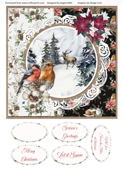 Christmas Scenes 17 Snowy Robin & Bullfinch 8 x 8 Card Front with Sentiments Red/Black/White