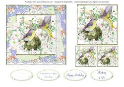 Spring Birdsong 14 6 x 6 Card Front with Toppers and Sentiments, Lilac/Green/Peach